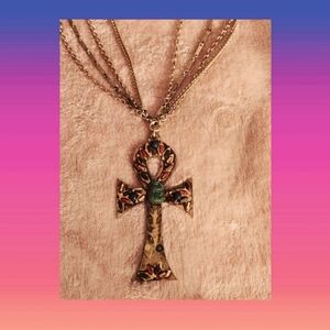 Vintage 4 Piece Long Chains Gold Tone Egyptian Anhk Cross